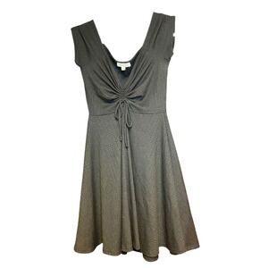 Rolla Coster Womens Black Ribbed Knit Ruched Tie Front Fit Flare Skater Dress S
